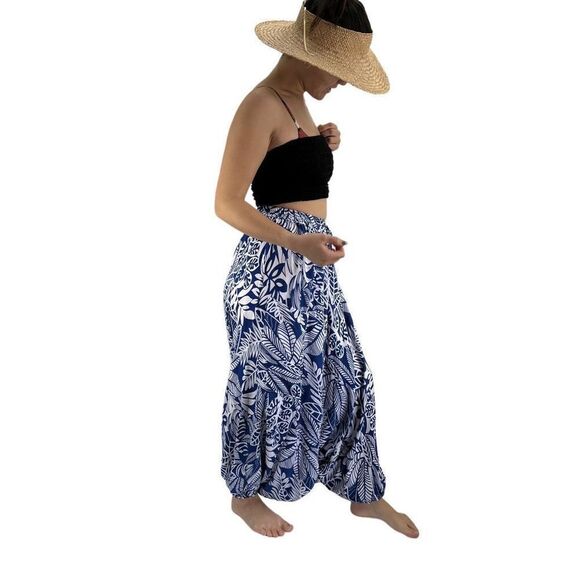 Apau ~ Gender Fluid Aladdin Gypsy Pants Blue White Tropical Floral Leaf Design - Picture 6 of 14